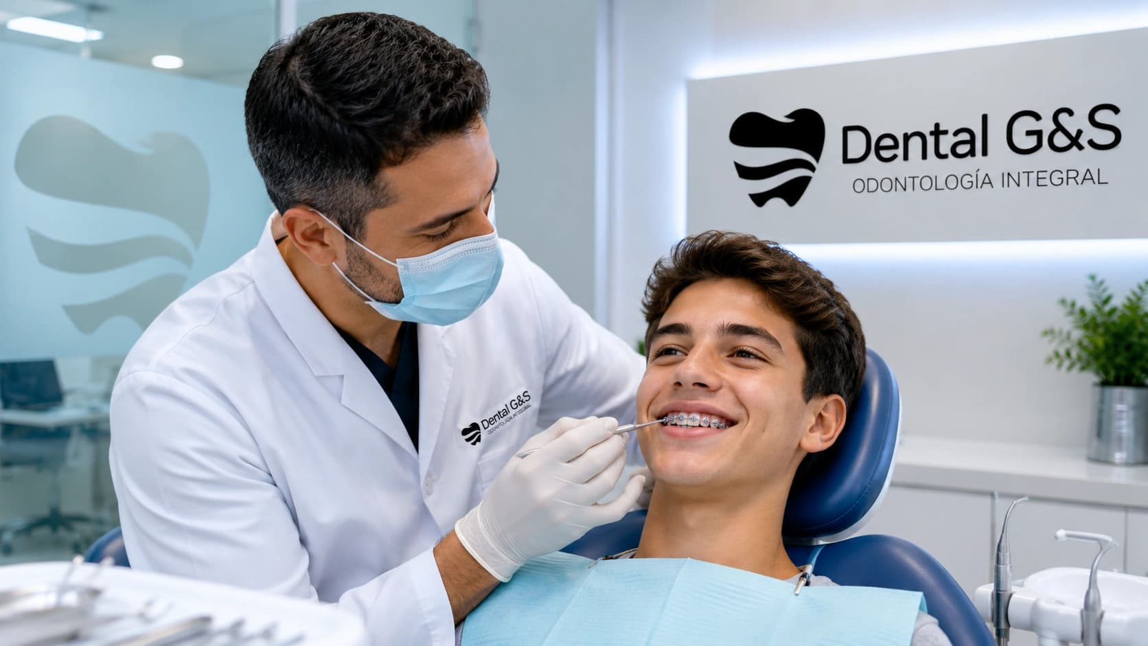 Dentista revisando brackets en un paciente joven