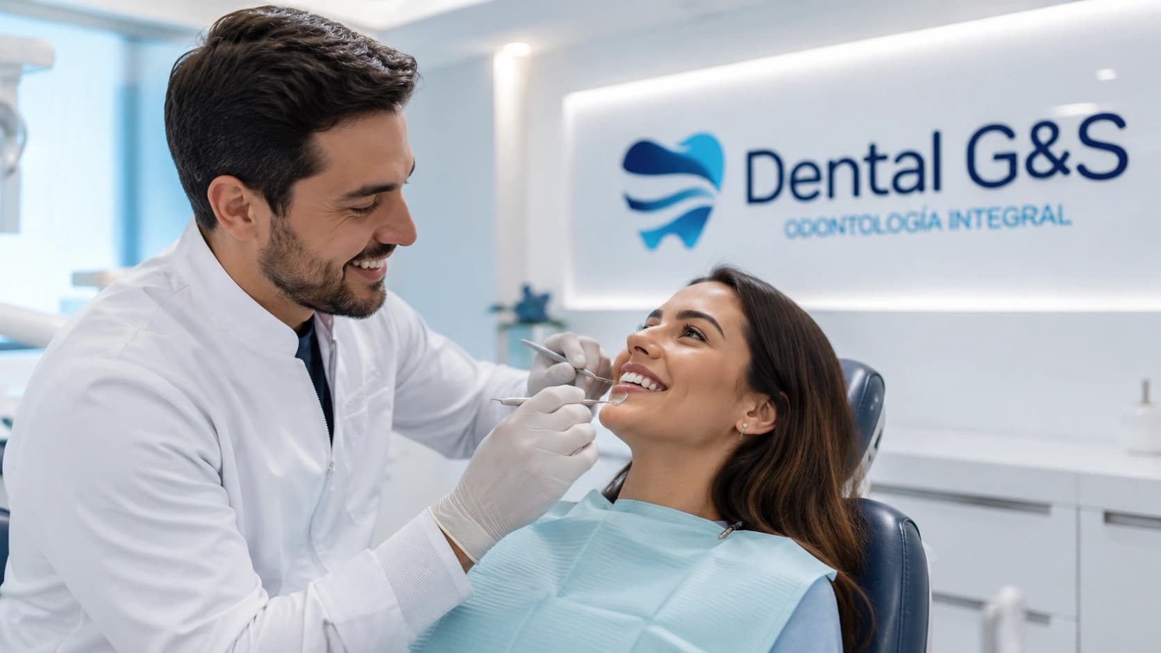 Dentista revisando la sonrisa de una paciente en consulta general