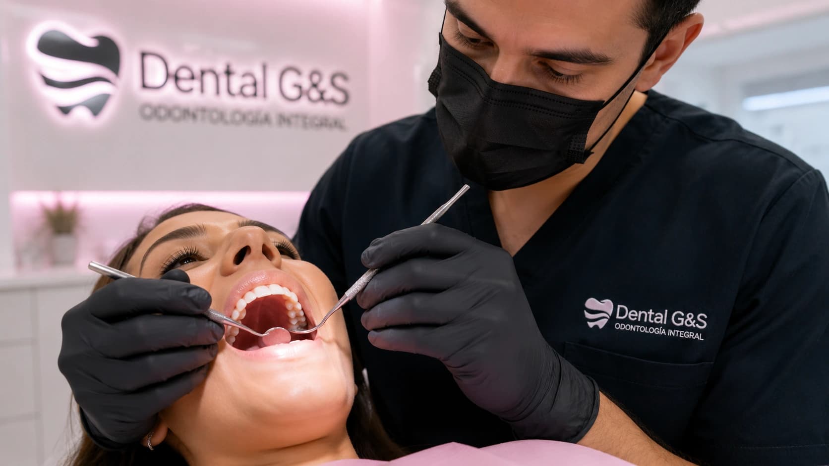 Dentista evaluando las encías de una paciente